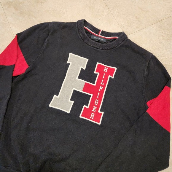 Tommy Hilfiger Mens M Medium H Spell Out Logo Embroidered Crewneck Sweater Knit